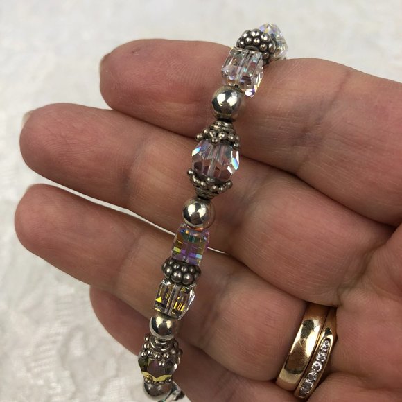 Boutique Vintage Sterling Silver Bead & Clear Crystal Accent Toggle Bracelet - Picture 7 of 14